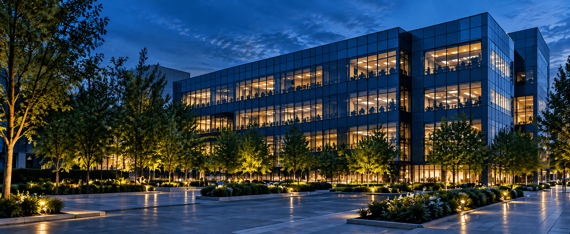 A modern glass office building lit up at dusk, with landscaped trees and walkways