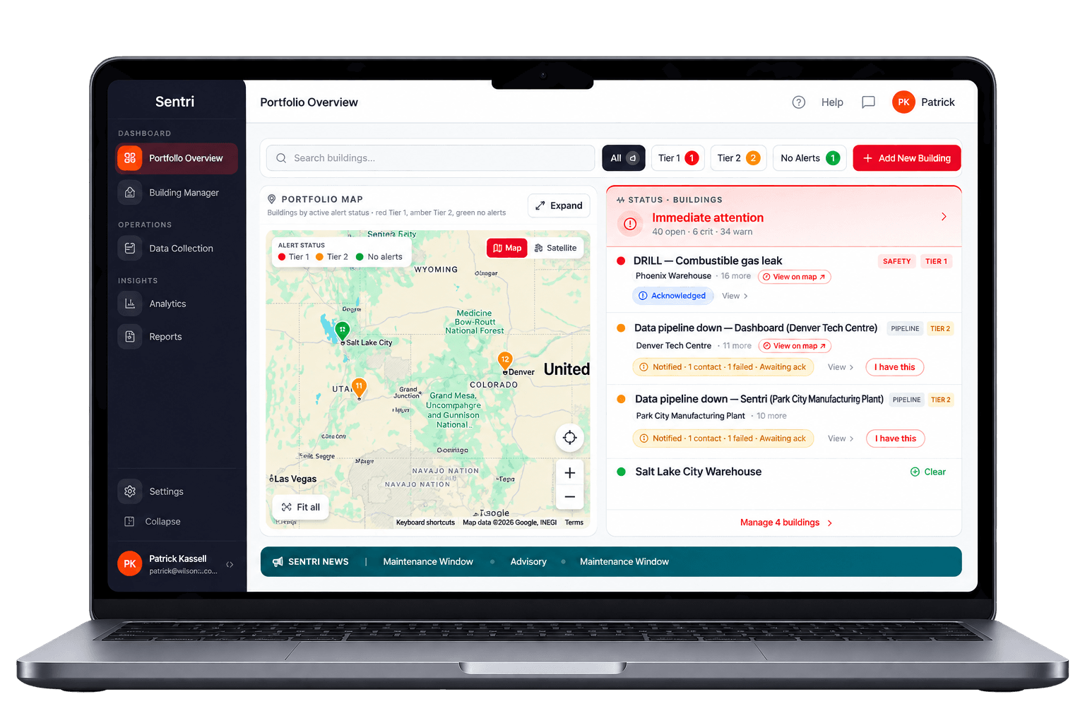 A laptop showing the Sentri Commercial portfolio dashboard with a map of buildings and live alerts