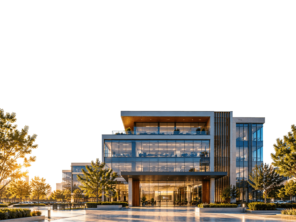 A modern glass office building with trees and a plaza in warm evening light