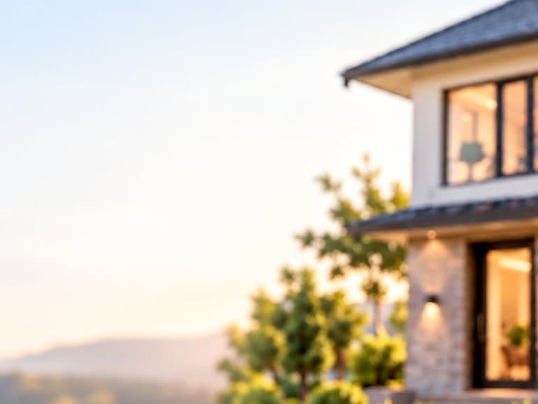 A modern two-storey family home at sunset